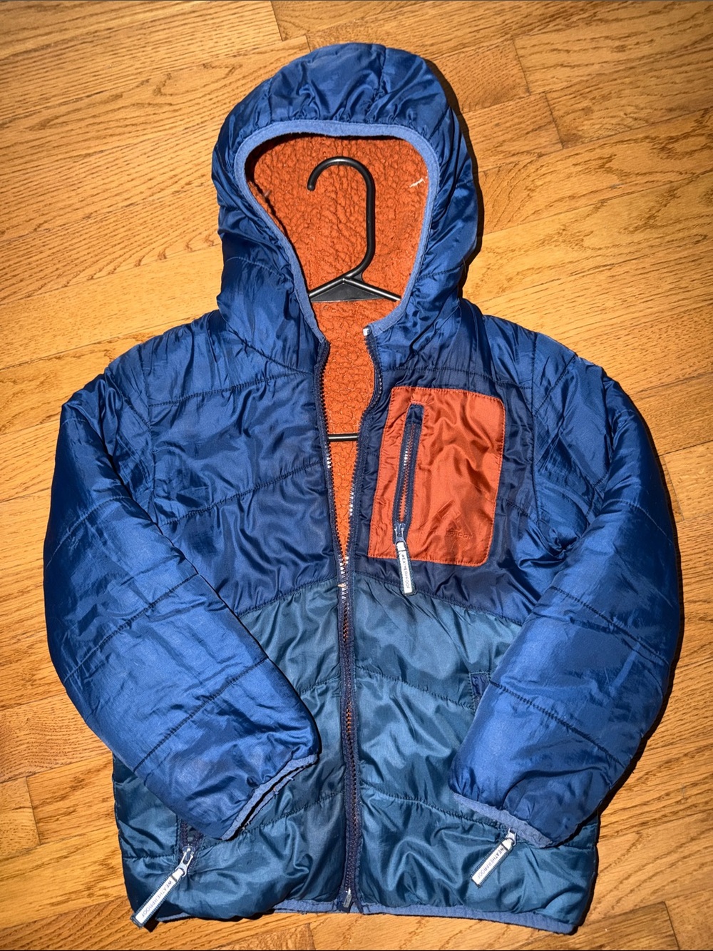 Weatherproof Blue and Rust Hooded Puffer Jacket for Kids